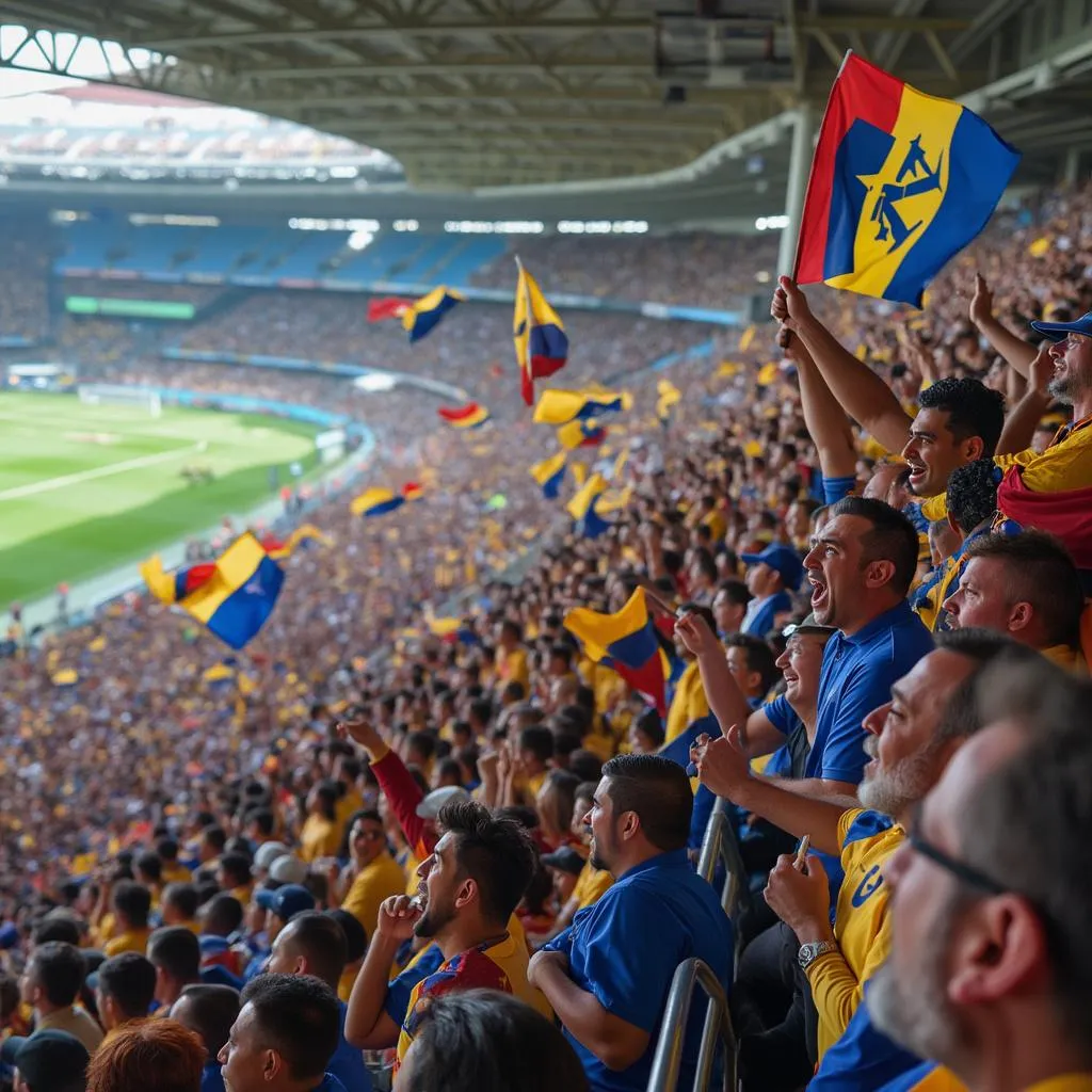 Hinchada alentando en el estadio
